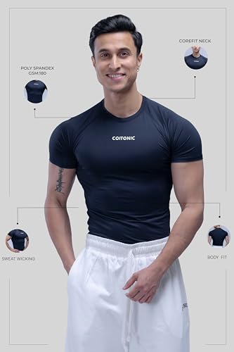 Image of COITONIC Men's Half Sleeve Compression T-Shirt - Athletic Base Layer for Gym, Sports & Fitness Training