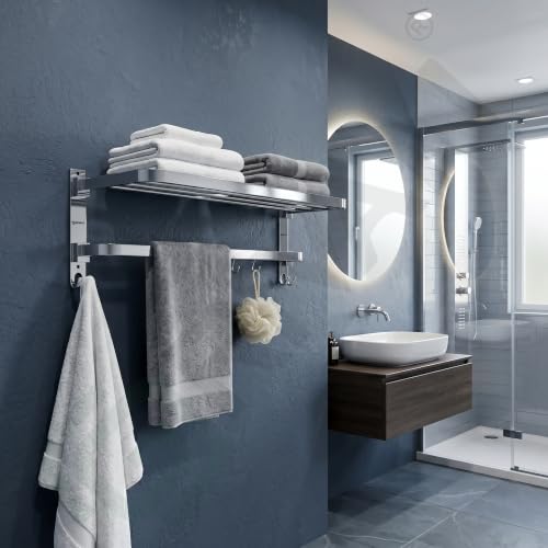 Image of GRIVAN Premium Stainless Steel Towel Stand in Bathroom | Foldable Bathroom Cloth Hangers for Wall | Towel Rack Holder in Bathroom Accessories Set (Silver Chrome, Pack of 2)
