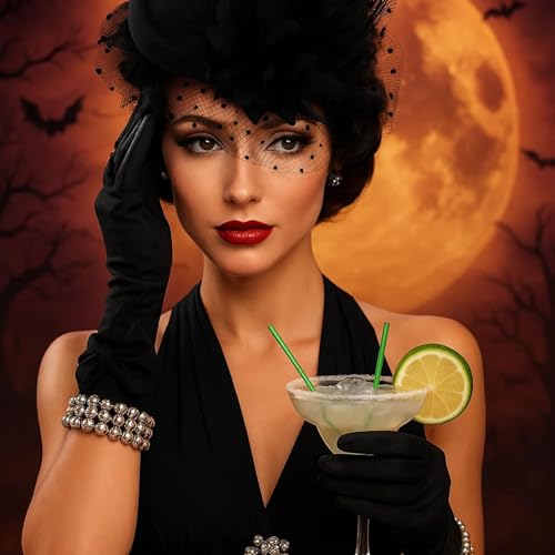 Vintage Fascinator Hut Damen mit Spitzenhandschuhen – 50er Jahre Retro Stil, Schwarze Feder Teeparty Hut mit Netzschleier & 1 Paar Schwarze Spitzenhandschuhe, Accessoires für Cocktailparty, Hochzeit,