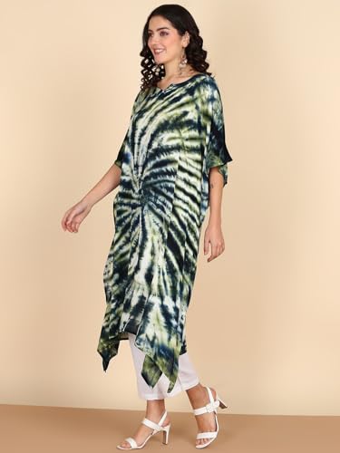 Image of Maaesa Women Handcrafted Tie & Dye Rayon Crepe Kaftan Dress | Casual Wear | Flowy Kaftan Style | Lightweight & Breathable Fabric