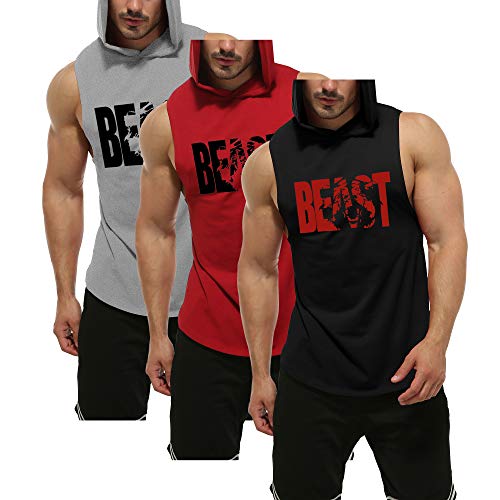 GYM REVOLUTION Men s 3 Pack Beast Workout Sleeveless Shirts Muscle Hooded Tank Gym Fitness Quick Dry Sleeveless Hoodies Black Printed Red & Red & Gray XXL