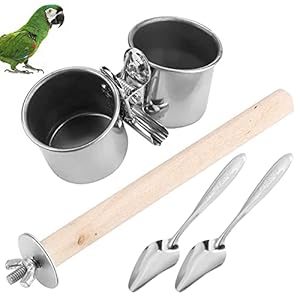 Anflugstange mit Edelstahl-Doppelnapf mit Klemme, + 2 Futter-L&ouml;ffel | Vogel-Futtern&auml;pfe