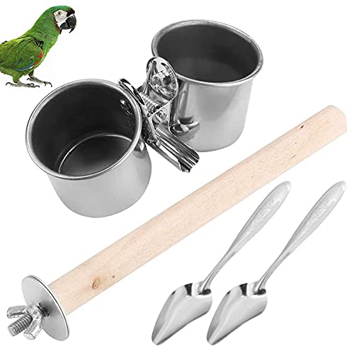 Qixuer 2 Piezas Taza de Alimentación de Loros,Comedero para Pájaros de Acero Inoxidable Cuenco de Comida Colgante con 2 Piezas de Acero Inoxidable Alimentación Parrot Cuchara para Loros de Aves