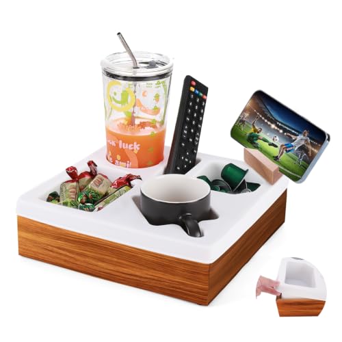 Couch Cup Holder Tray, Silicone Acacia Wooden Couch Caddy with Cup Holder for Snacks, Drinks...