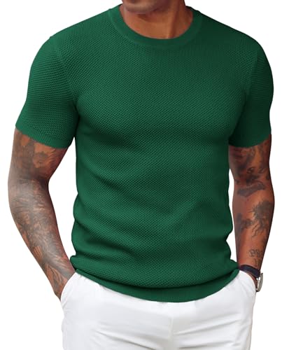 COOFANDY Mens Shirts Casual T Shirt Knit Short Sleeve Undershirts Crew Neck Dress Shirts Green