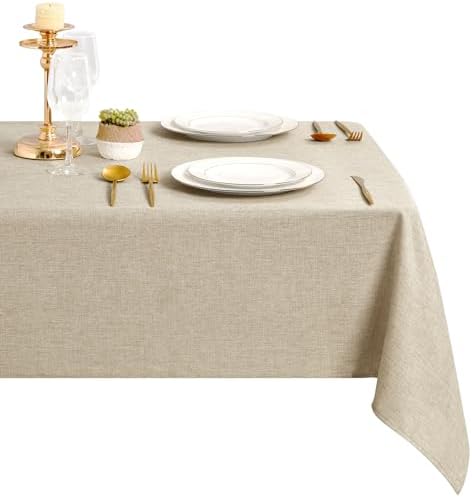 DWCN Leinen Beige Tischdecke 135x135cm Abwaschbar Outdoor Wetterfest Stoff | Leinenoptik Wasserabweisend Fleckschutz Polyester Quadratisch Tischtuch für Esszimmer, Garten, Party, H