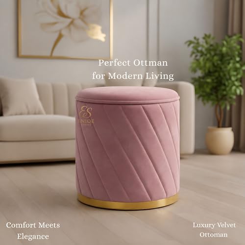 Image of ENIQE STORE Premium Velvet Ottoman Stool | Modern Round Pouffe with Gold Base | Multipurpose Seating | Living Room & Bedroom Decor (Pink Set of 2)