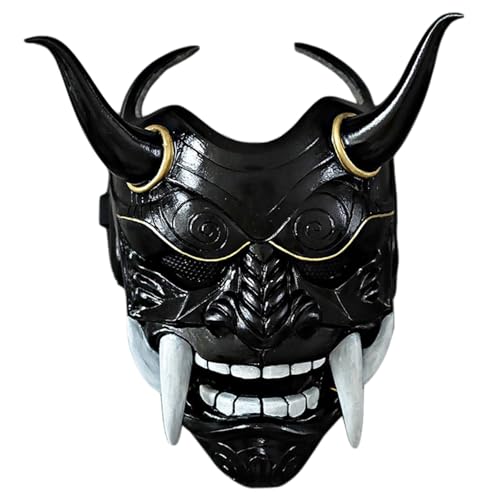 Oni Mask, 11x9.5" Latex Japanese Hannya Mask, Horror Scary Full Face Devil Samurai with Fangs and Ox Horn, Elastic Band for Halloween, Masquerade, Cosplay Props Black