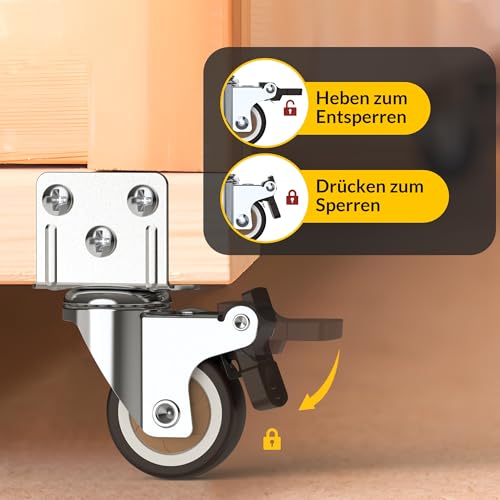 HOLKIE 32 mm Möbelrollen mit Dicker L-Montageplatte Schwerlastrollen Können 45 KG Tragen Rollen für Möbel mit 2 Bremse und 2 ohne Ideale Lenkrollen für Blumenständer,Babybay,Couchtisch (4er-Set)