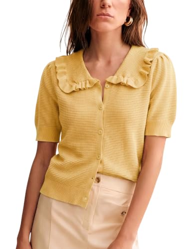 Image of Watashi Womens Ruffle Collar Puff Short Sleeve Cardigan Knit Crop Top | Peter Pan Collar Crochet Knitted Summer Fall Casual Work Wear Sweater