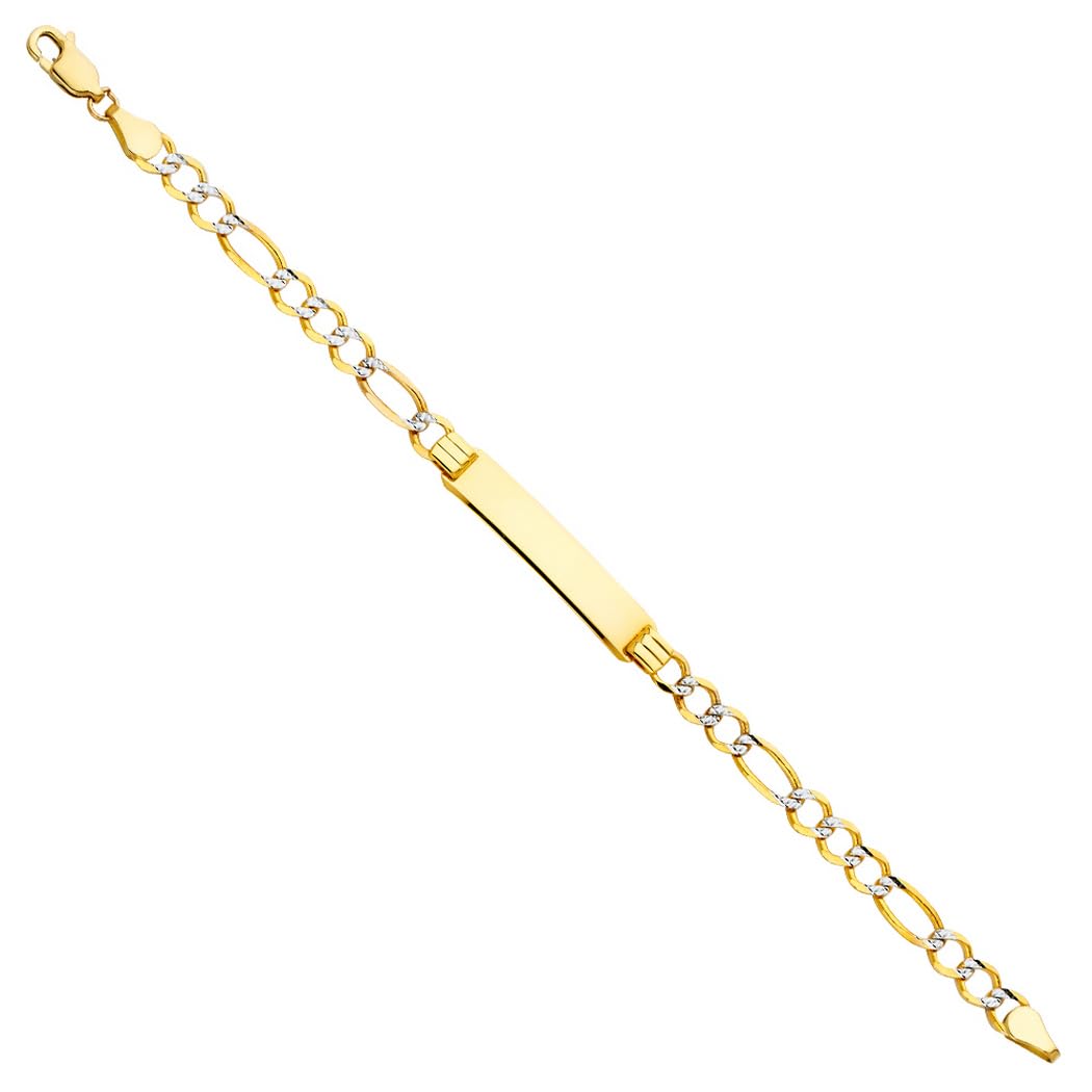 14 Karat Gelbgold Figarokette 3 Plus 1 Glieder 5 mm mit Rhodium Pavé-Kette Jungen und Mädchen ID-Armband Schmuck Geschenke für Frauen