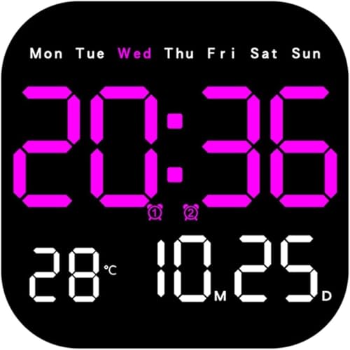 Image of 15-Inch Digital Wall Clock with Large LED Display - Remote Control, Auto-Dimming, Night Light, Date, Day, Temperature, DST Function - Ideal for Living Room, Bedroom (Square 9 inch Pink)