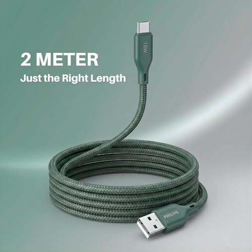 Image of PHILIPS DLC4160AT /94 18W Type-A to Type-C Fast Charging Cable (2m, Crystal Teal) | Nylon Braided | Compatible with iPhone 15+ Series, USB-C iPad Models, Samsung Galaxy & All Type C Devices