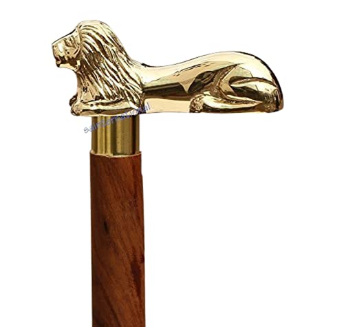 Lion Handle Wooden Walking Stick Walking Cane Wood Cane With Golden Lion Brass Handle Unique Decorative Gentleman Walking Sticks Canes Unisex Gift For Gentlemen Son Father Grandpa Grandma Unique Item.
