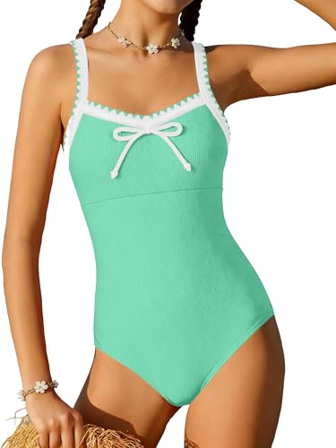 AMAWMW Girls Swimsuits Quick Dry One Piece Bathing Suit Adjustable Straps Padded Swimwear Size 7-16y, Mint Green, 15-16 Years