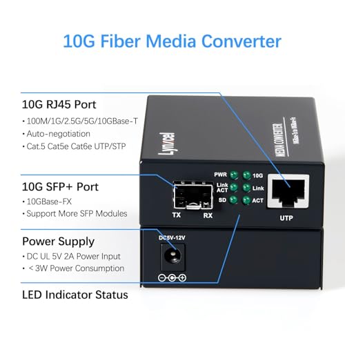 Image of 10G Fiber Media Converter, 10 Gigabit SFP to Ethernet Copper UTP Media Converter, Unmanaged 1x 10G /5G /2.5G /1G /100M RJ45 to 10GBase-X SFP+ Slot, Support 10G SR /LR SFP+ Module