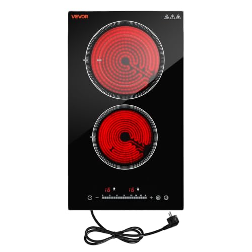 Image of VEVOR Electric Cooktop 12inch 2 Burners Portable Stove Top 1800W 120V, Ceramic Countertop /Built-in Radiant Electric Stove, with 16 Power Levels, Timer, Child Lock, Over-Heat Guard, Touch Control