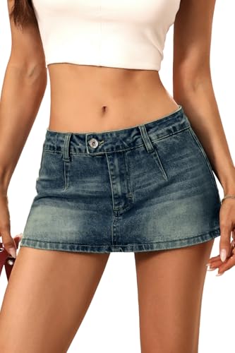 ELLEVEN Denim Mini Skirt for Women Stretch, Low Rise Y2k Jean Skirt with Shorts Underneath Casual Cute Micro Skort Dark Vintage Blue Denim Small