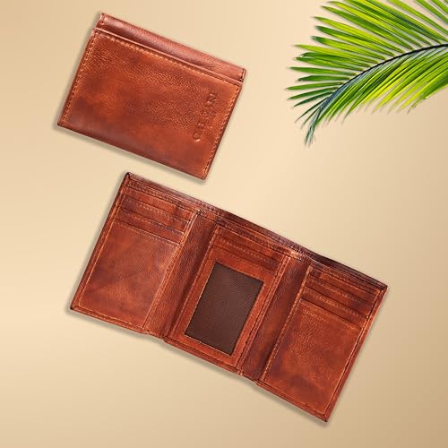 Image of Genuine Italian Leather Trifold Wallet for Men, RFID Blocking, 8 Card Slots, 2 Cash Compartments, Minimalist Billfold with Multiple Card Slots and Cash Storage, ID Window, Vintage Tan Leather