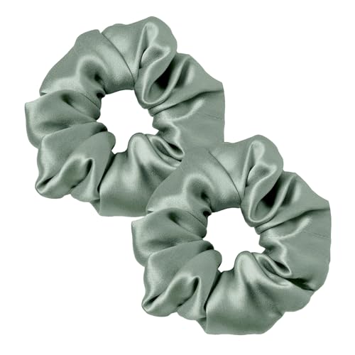 LILYSILK Silk Hair Scrunchies Frizz Breakage Prevention Elastic 100% Mulberry Silk Hair Ties Ponytail Holders, 2PC Avocado Green