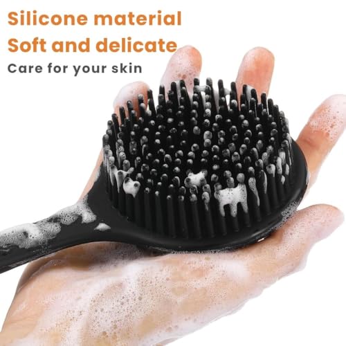 Image of ANTIL'S 4-in-1 Soft Silicone Bath Brush Set | Long Handle Back Scrubber + Body Scrubber + Scalp Massager + Face Massager | Super Exfoliating & Lathering Shower Brush | BPA-Free | For Men & Women | With Free 3 Hook