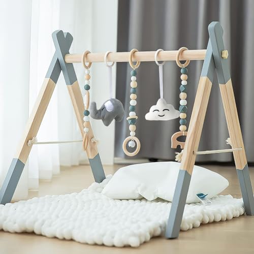 Image of Wooden Baby Play Gym Foldable Baby Play Gym Frame Activity Gym Hanging Bar with 5 Gym Baby Toys Natural for Newborn Baby (Foldable Grey)