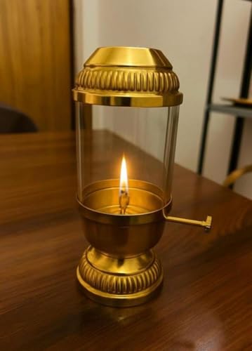 Image of K.N Creation Brass Akhand Jyoti Diya Oil Lamp with Adjustable Bati Knob | Lifting Screw Wick Holder for Puja | Borosilicate Glass Cover (Small- Oil Capacity 80 ML) Stay Lit for 20 Hours