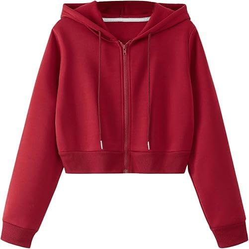 Prachikfashions Casual Wear Solid Long Sleeve Drawstring Full Zip Hooded Jacket Crop Sweatshirt for Women's |L,RED-image-47