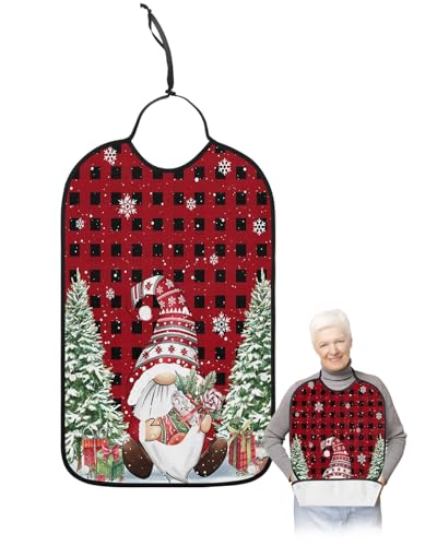 Jolunifun Christmas Plaid Adult Bib for Adults Men, Women, Washable & Adjustable Terry Cloth Bib with Crumb Catcher Reusable Waterproof Clothing Clothes Protector Apron Red Black Gnomes Pine Tree