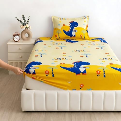 Image of Filymore Dino Camera Elastic Fitted bedsheet for Kids Room Single Bed 240 TC Soft Microfiber 1 bedsheet and 1 Pillow Cover (Size 72x36 inches) fit up to 6 inches Mattress(offwhite and Yellow)