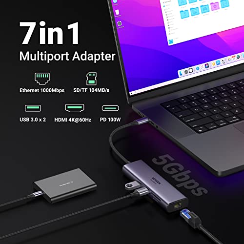 Ugreen Usb C Hub With Ethernet, 7-In-1 Multiport Adapter With 4K@60Hz Hdmi, 100W Pd Charging, Sd/Tf Card Reader, 2 Usb 3.0 Ports, Macbook Docking Station Compatible With Mac M1, M2, Ipad, Steam Deck #TOP1