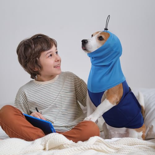Image of SAWMONG Dog Anxiety Vest, Breathable Calming Shirt Adjustable Chest & Hood for Dogs, Soft Pet Stress Relief Calming Coat Wraps Ears for Noise, Thunderstorms, Fireworks and Separation(Blue, Large)