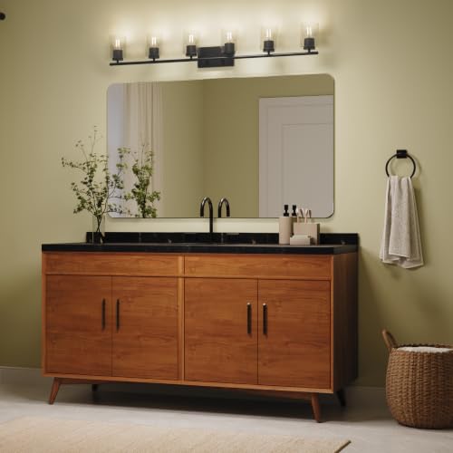 Image of Progress Lighting Replay 48 Inch 6-Light Vanity Light, Transitional, Black with Clear Glass Shades, (7.875 inch H x 48 inch W x 6 inch D), P300585-031
