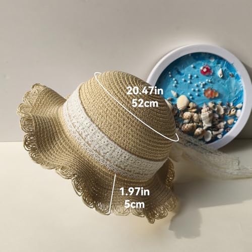 Girls Straw Sun Hat with Wide Brim and Lacinging Bow for Summer Beach Outdoor Play2