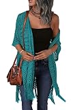 HOTOUCH Womens Knit Cardigan Open Front Outwear Hollow Out Crochet Tassel Lightweight Kimonos Sweater S-XXL Teal