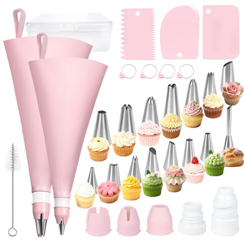 Premium Spritzbeutel Set 30-teilig - Wiederverwendbare Spritzbeutel mit Tüllen aus Edelstahl - Komplettes Backzubehör Set für perfekte Dekorationen auf Torten, Cupcakes & Keksen