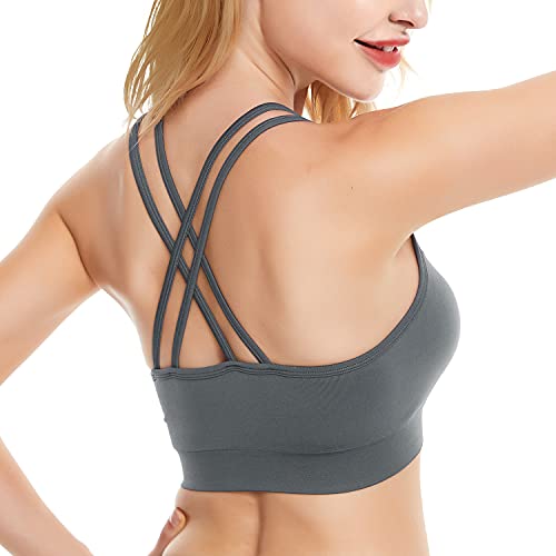 Zerobound Women's Strappy Sports Bra Cross Back Wirefree Removable Cups Yoga Sport Bras Workout Fitness Tank Tops Gray #TOP2
