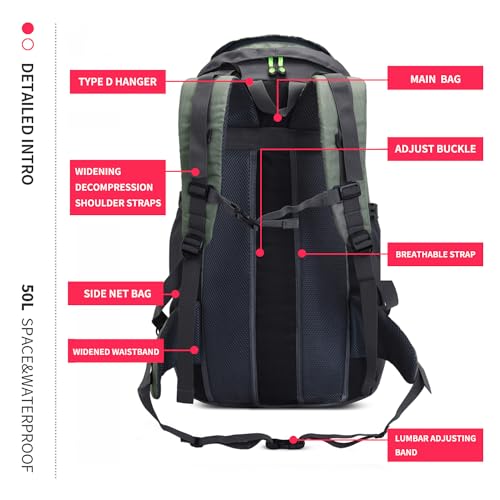 Foto von Bseash 50L Leichter wasserfester Wanderrucksack, Outdoor Sport Tagesrucksack Multifunktions Reisetasche für Klettern Camping Reisen (Armeegrün – mit Schuhfach)