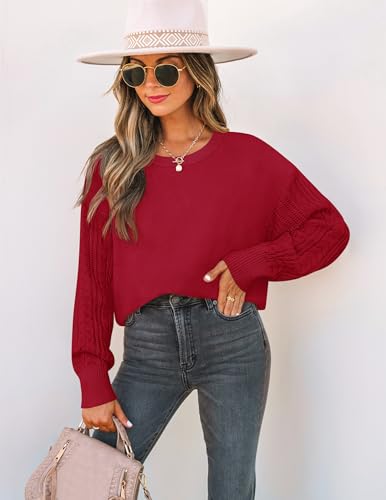 ZESICA Women's 2025 Fall Long Sleeve Crew Neck Solid Color Cable Knit Chunky Casual Oversized Pullover Sweater Tops Red XX-Large — view 5