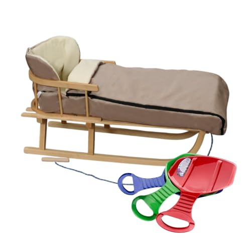 BirnePower Holzschlitten 90cm mit Rückenlehne und Winterfußsack 108cm in Mokka Komplettset inkl. Zugseil & Gurt Rodelschlitten aus Buchenholz (Mokka 108cm)