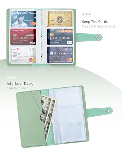 GAUENEEN Credit Card Holder, Leather Business Card Organizer with 96 Card Slots, Professional Card Book Case for Cards and Important Documents to Prevent Loss or Damage (Mint Green)