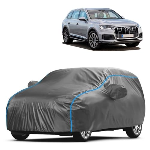 Image of Kerwa Car Body Cover Waterproof with Q7, Dust & UV Resistant All-Weather Proof Full Body Cover, Grey with Blue Lining, Triple Stitched Elastic Bottom with Mirror Pocket