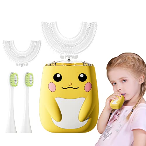Cepillo de dientes eléctrico en forma de U para niños con 4 cabezales de cepillo, diseño de dibujos animados, cepillo de dientes sónico automático para niños de 8 a 15 años