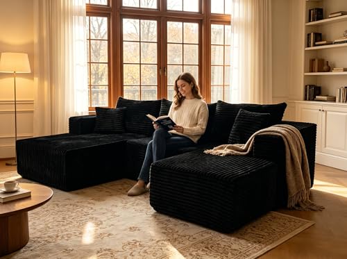 Image of 93 inch U-Shaped Boneless Couch, Corduroy Cloud Couch Sectional with Chaise and Ottoman, Deep Seat Modular Sectional Sofas for Living Room, No Assembly - Black (Left Facing Chaise)