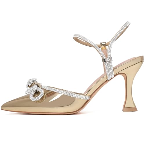 Image of Susanny Women's Closed Toe Rhinstone Wedding Low Heel Slingback Clear Kitten Heels,Adjustable Strap Pointed Toe Bow Pumps High Heeled Prom Dress Shoes