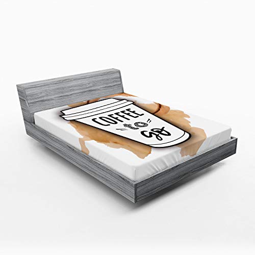 Ambesonne Coffee Fitted Sheet, Outline Take Away Cup on Spilled Drink Watercolor Splashes, Soft Decorative Fabric Bedding All-Round Elastic Pocket, Full Size, Brown