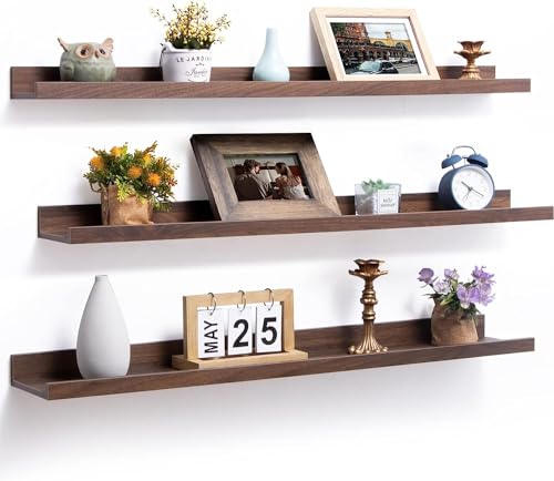 Image of Wooden Floating Wall Shelves Set of 3 for Living Room & Bedroom | Modern Wall Mounted Display Rack for Decor, Photo Frames, Plants & Storage (Walnut, 35 Inch)