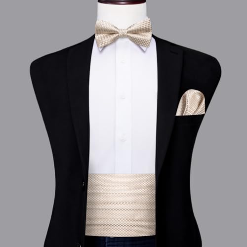 Image of Dubulle Mens Cummerbund and Bow Tie Set Paisley Floral Pretied Bowties for Men Pocket Square Cufflinks Wedding Business