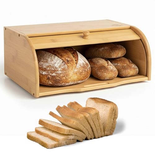 ADEPTNA Bamboo Bread Bin – Fully Assembled Vintage Bread Box | Eco-Friendly Wooden Bread Storage Bin with Roll Top Lid | Natural Bamboo Countertop Bread Keeper, Elegant & Durable Kitchen Organiser