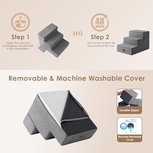 Image of EHEYCIGA Dog Stairs for Small Dogs 16.5 inch H, 3-Step Extra Wide Dog Steps for Couch Sofa and Chair, Pet Steps for Medium Cats, Non-Slip Balanced Pet Ramp Indoor, Grey